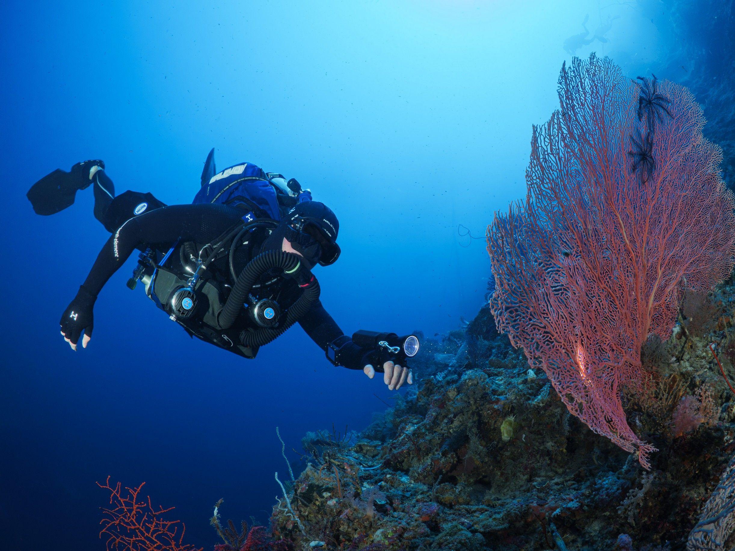Diver with Symbios Chest Mount Rebreather underwater